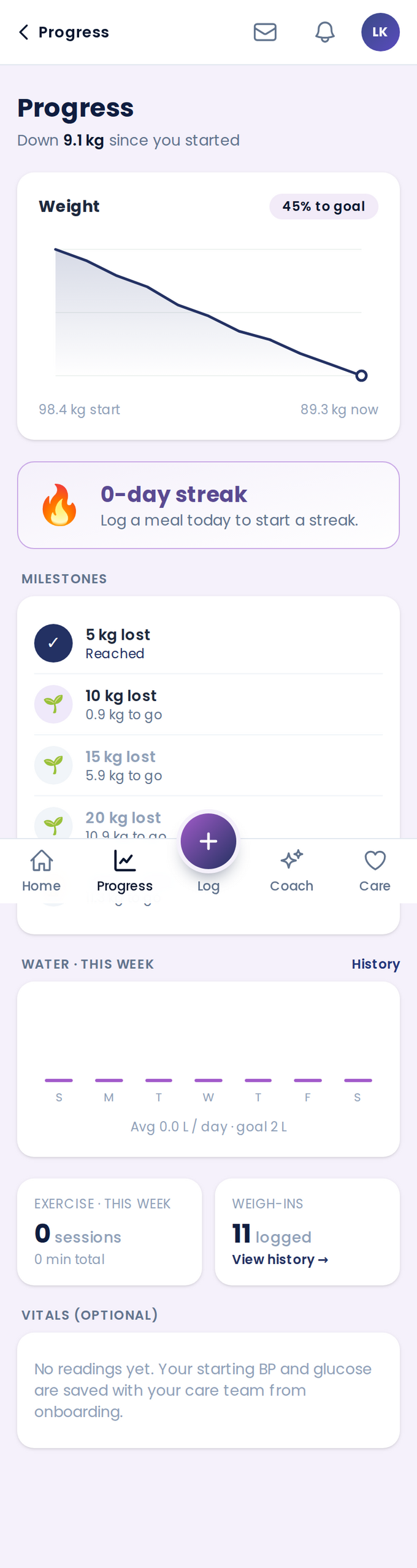 The patient app progress screen showing weight change over time